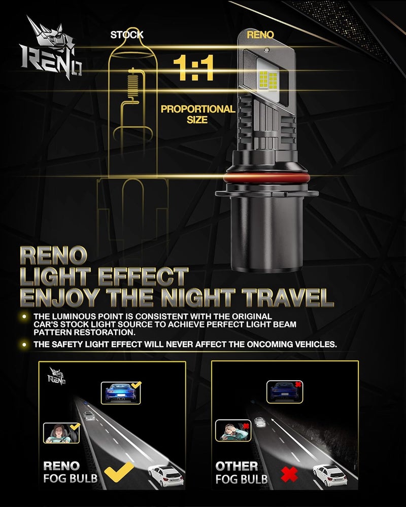 Reno 9007 Bulb, 9007 Fog Light 6500K White Fanless In Line HB5 Auxiliary Fog Bulbs Plug and Play, Pack of 2 - Image 2